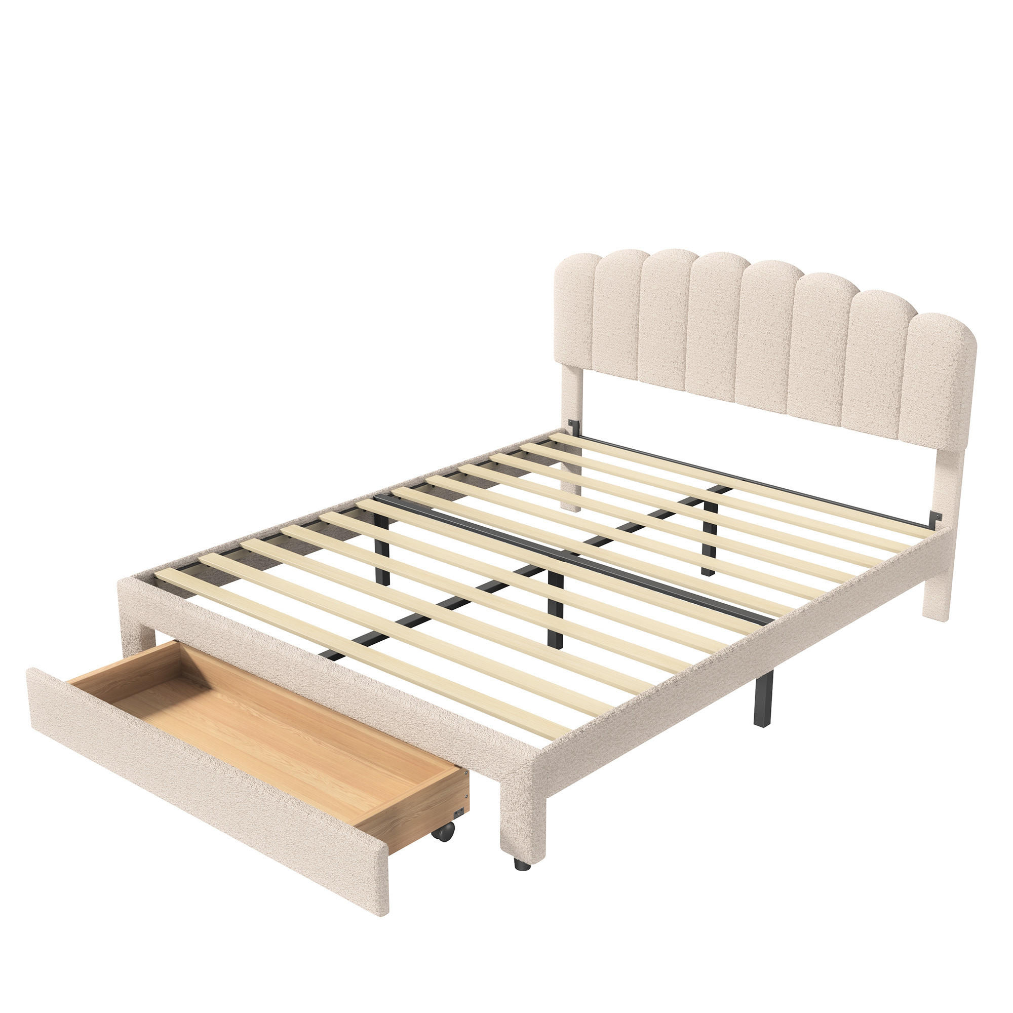 POLSTERBETT 160x200 cm Doppelbett, 1 Stauraumschublade am Fußende, USB & Typ-C-Anschlüsse, Teddy-Stoff in Beige - Beige, Holz (160/200cm) - BRILVERDE
