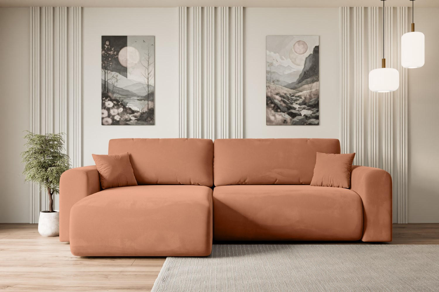 ECKSOFA mit Schlaffunktion und Bettkasten ORRO-L - 272x145x83 cm Koralle Velours - Koralle/Schwarz, Holzwerkstoff/Kunststoff (272/145cm) - ALTDECOR