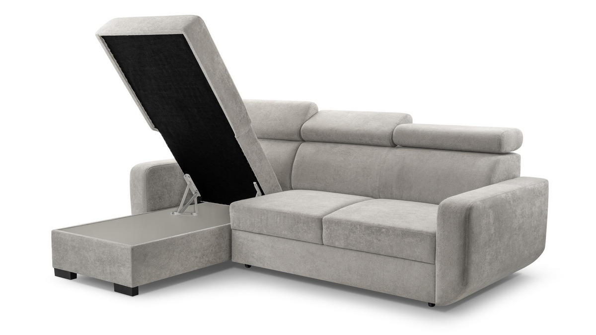 ECKSOFA CASTELLO Grau Plüsch-Stoff mit Schlaffunktion - Grau, Holz (236/165cm) - MASSENO