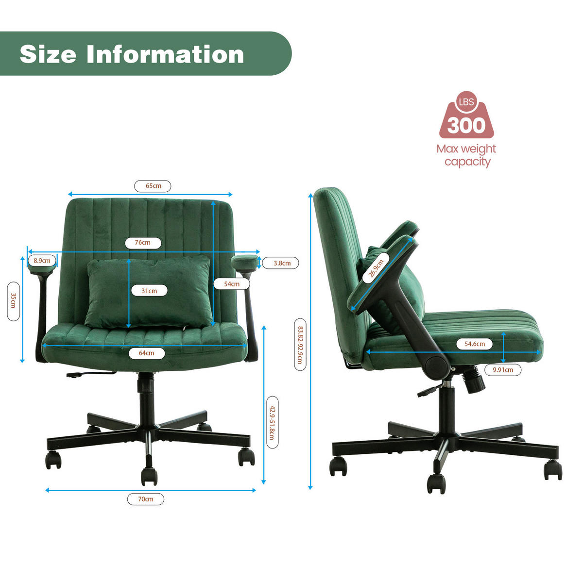 BÜROSTUHL höhenverstellbar mit klappbaren Armlehnen Stoff Green - Grün, Kunststoff (25.2/33/21.5cm) - Meubliv