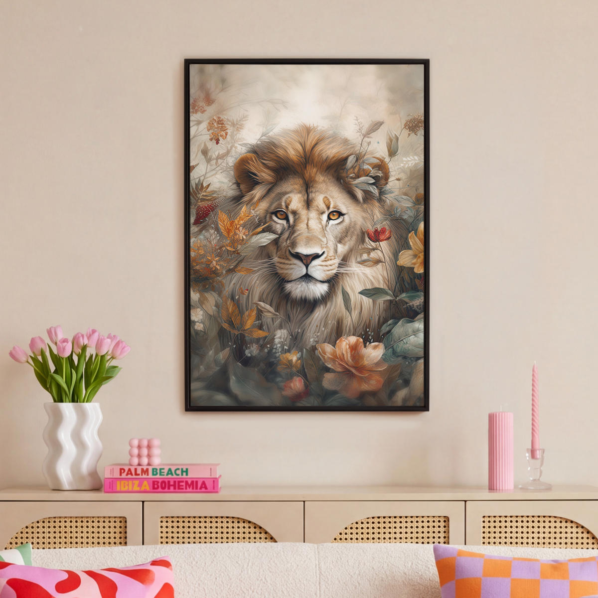 LEINWAND Bilder mit Rahmen - Löwe - Wildtiere - Pflanzen - Natur - Blumen - 60x90 - Beige, Textil (60/90cm) - MuchoWow