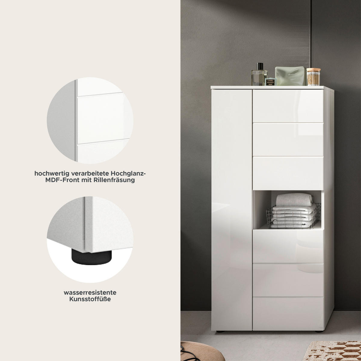 STANDSCHRANK VIRA (B/H/T: ca. 60/133/34 cm) in weiß/weiß hochglanz - Weiß, Holzwerkstoff (60/133/34cm)