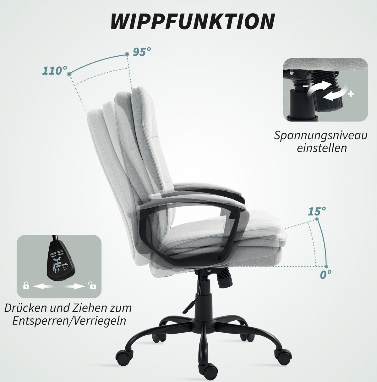 BÜROSTUHL ergonomisch höhenverstellbar mit Wippfunktion Polyester Gray - Grau, Kunststoff (63/112/70cm) - Meubliv