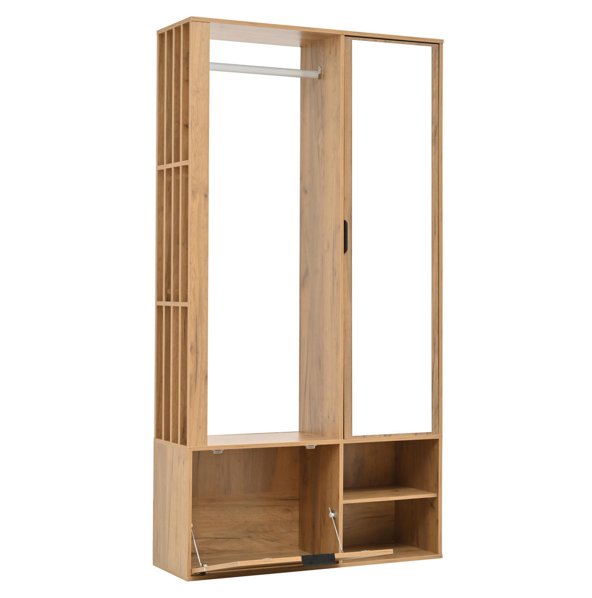 GARDEROBENSCHRANK mit Spiegel 100 x 33 x 190 cm Holzoptik mit 9 Ablagefächern - Braun, Holzwerkstoff (33/190/100cm) - Beauniv