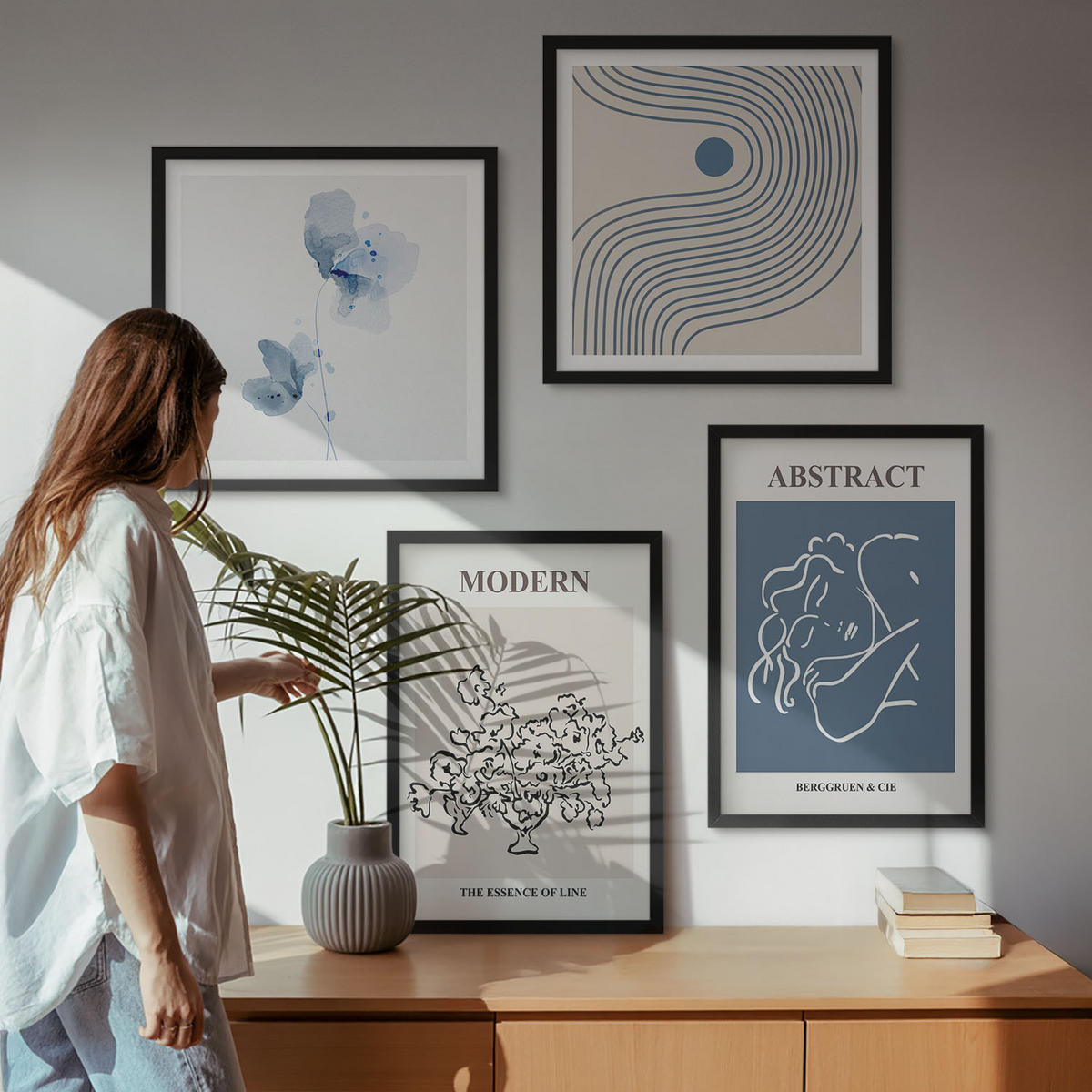 BILDER SET 4er Set - 50x50 cm & 40x60 cm Schwarzer Rahmen - abstrakte Poster mit Blumenlinien - Schwarz, Kunststoff (50/50cm) - TULUP
