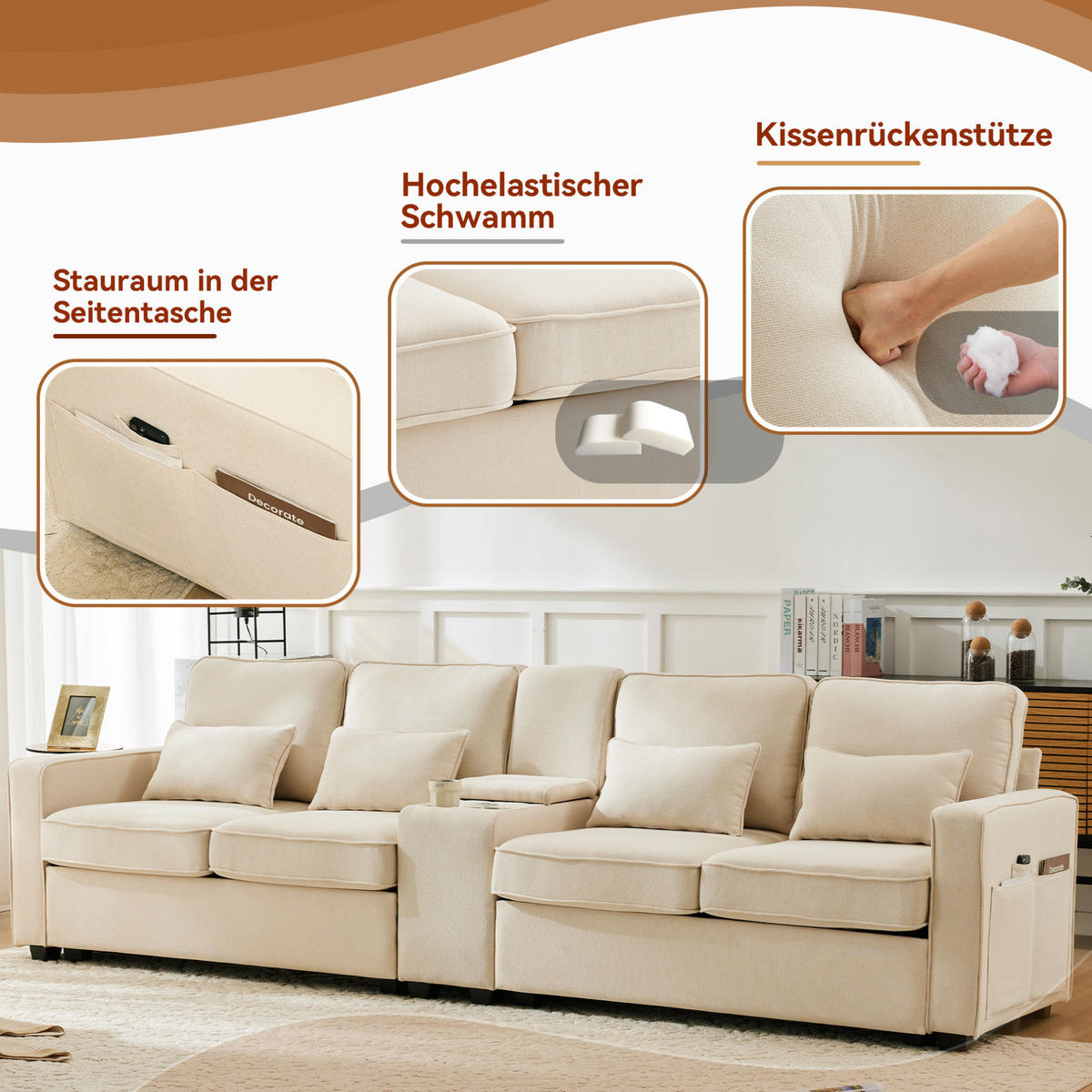 4-SITZER Sofa 290/88/83 cm Beige aus Leinen mit USB-Anschluss und Getränkehaltern - Beige, Textil (83/88/290cm) - OKMYHOME