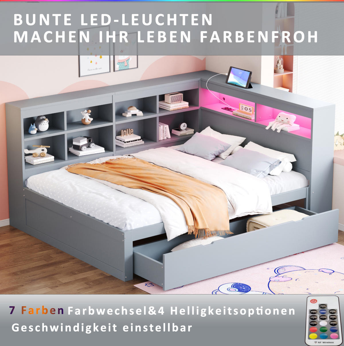 DRVENI krevet 140/200 cm s USB priključkom, LED osvjetljenjem i velikim spremištem, Siva - siva, drvni materijal (140/200cm) - Redom