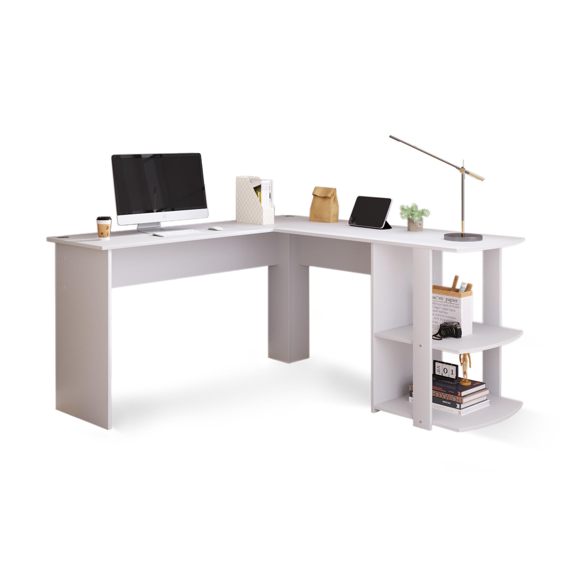 ECKSCHREIBTISCH 140/50/75 cm weiß mit 2 Ablagen L-förmig - Weiß, Holzwerkstoff (140/140/75cm) - OKWISH