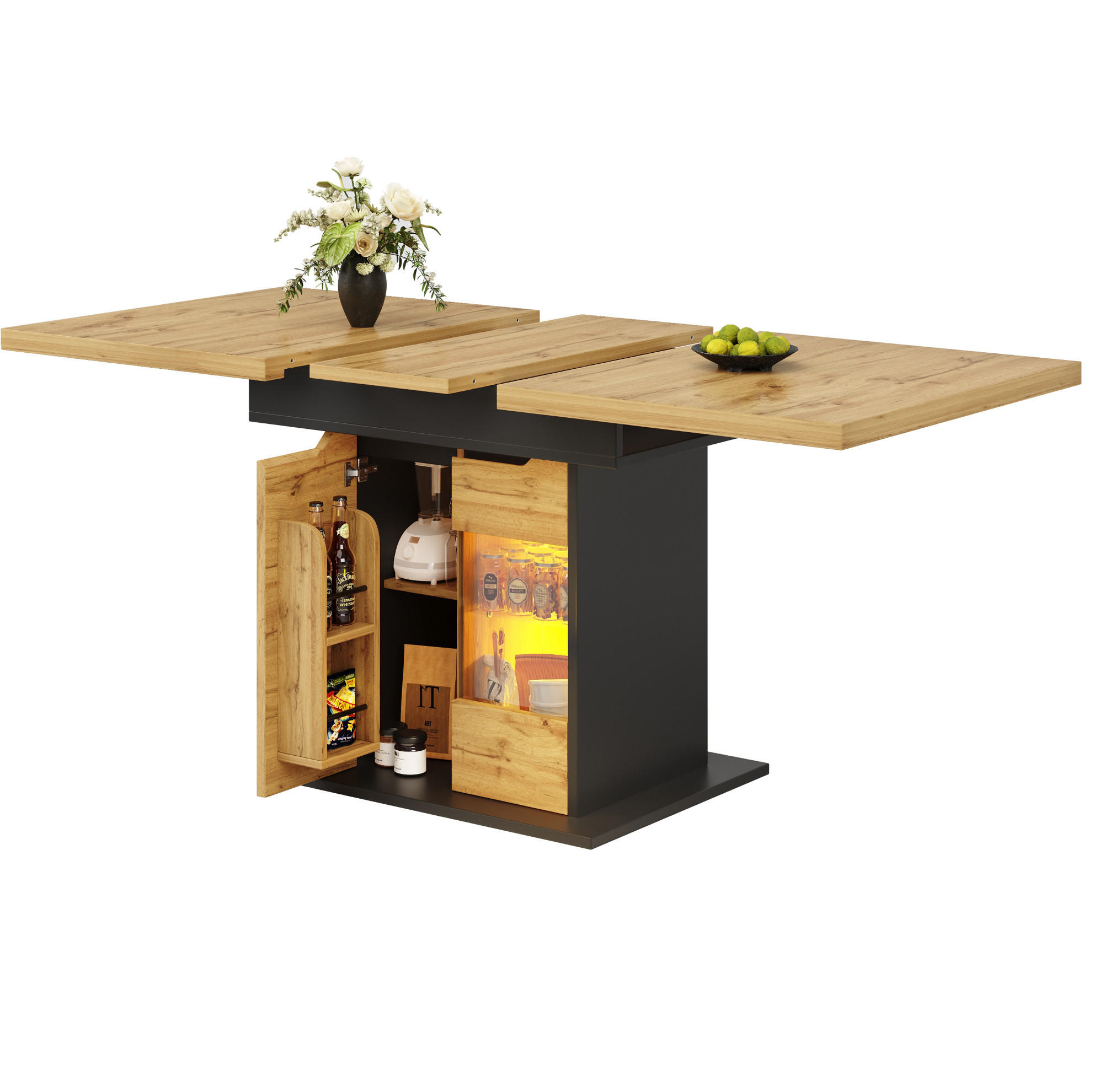 Modfu JÍDELNÍ stůl 140x80x76 cm černý/přírodní z MDF a skla s LED osvětlením a úložným prostorem