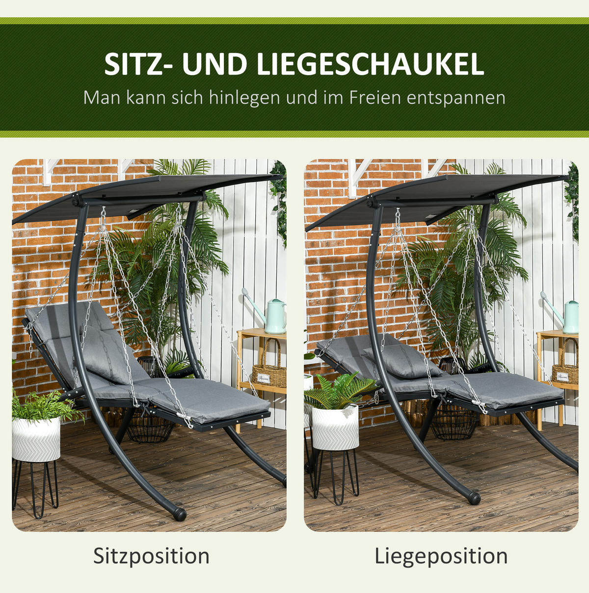 HOLLYWOODSCHAUKEL aus Stahl 108x145x169 cm in Dunkelgrau mit verstellbarem Sonnendach - Dunkelgrau, Metall (145/169/108cm) - Modfu