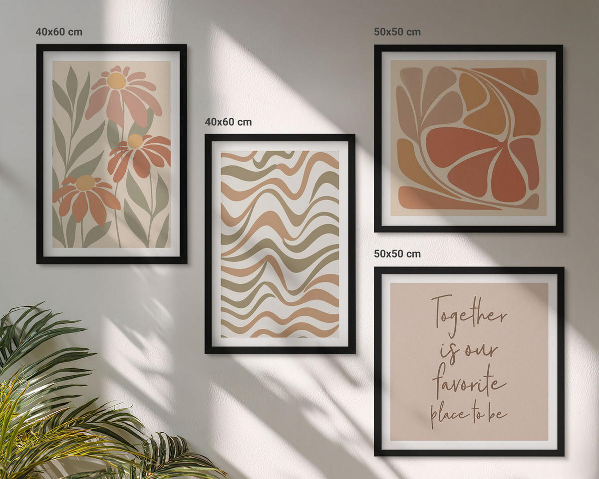 BILDER SET 4er Set - 50x50 cm & 40x60 cm Schwarzer Rahmen - Abstrakte Pastellblumen - Schwarz, Kunststoff (50/50cm) - TULUP