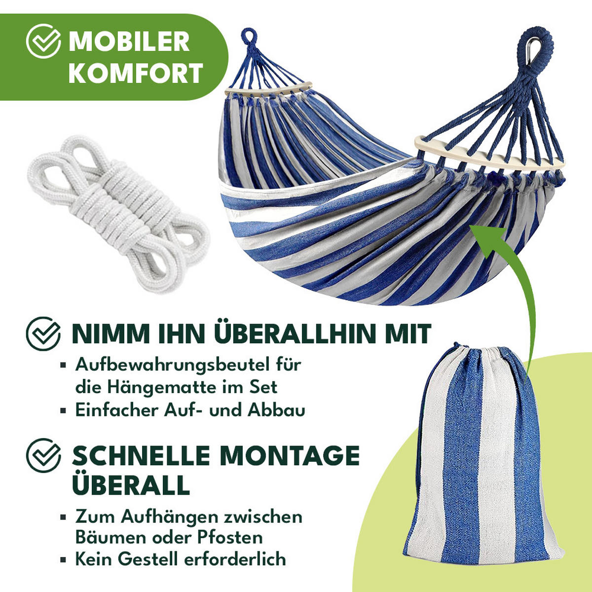 HÄNGEMATTE Weiß-Blau - Blau, Textil (150/40/260cm) - KRUMAD