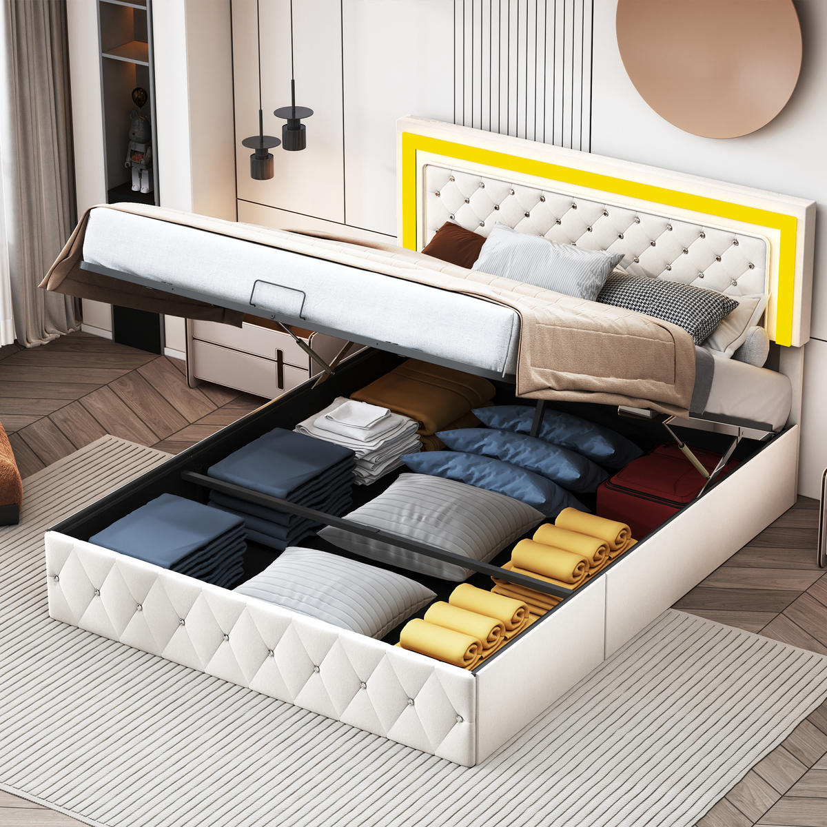 BETT 140x200 cm mit LED, Doppelbett 140x200 cm mit Bettkasten, Lattenrost, Polsterbett Skandinavisches Design, Beige Samt - Beige, Metall (140/200cm) - GENKI LIVING