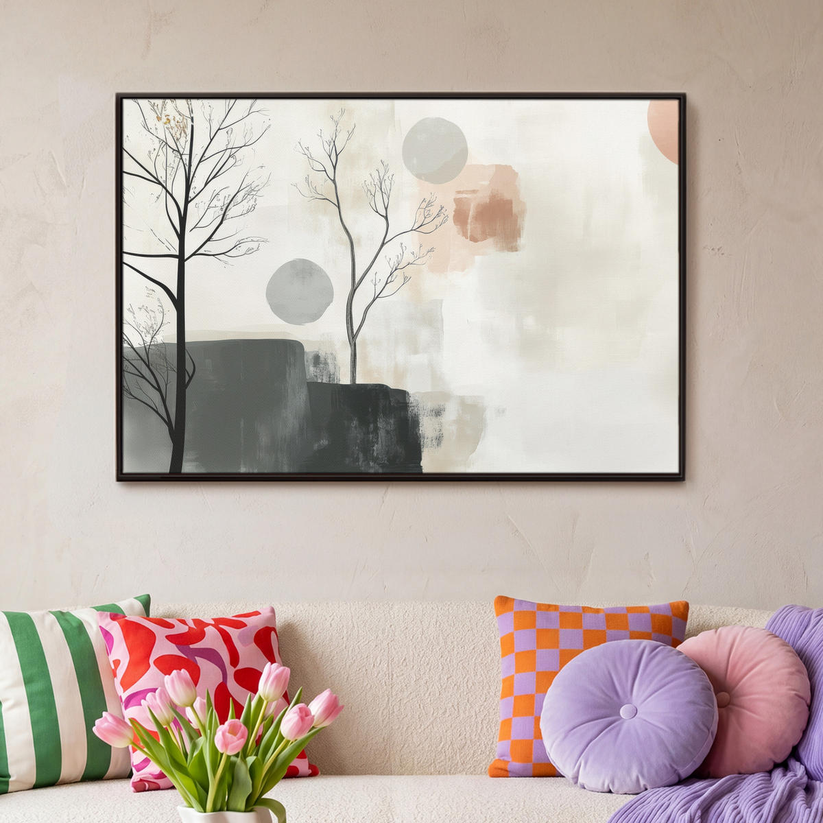 LEINWAND Bilder mit Rahmen - Wabi sabi - Beige - Pflanze - 90x60 - Sandfarben, Textil (90/60cm) - MuchoWow