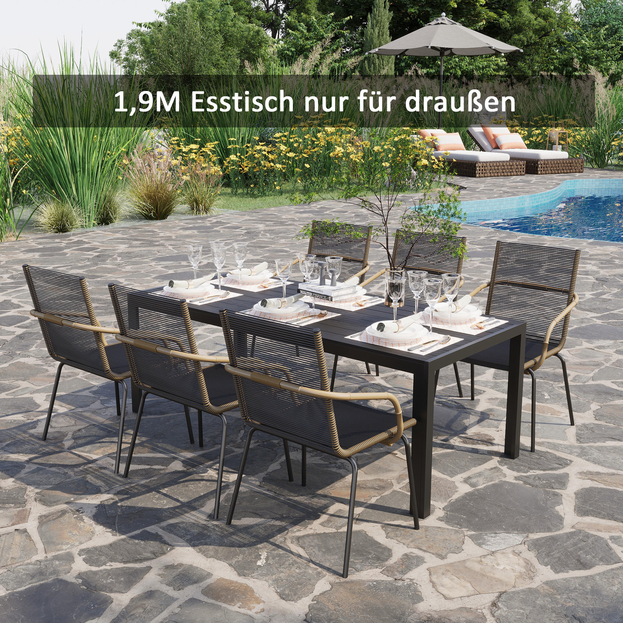 GARTENTISCH, Garten Esstisch, Terrassentisch, Partytisch, aus Alu, Polyholz, Schwarz - Schwarz, Holz/Metall (190/84.5/72cm) - Outsunny