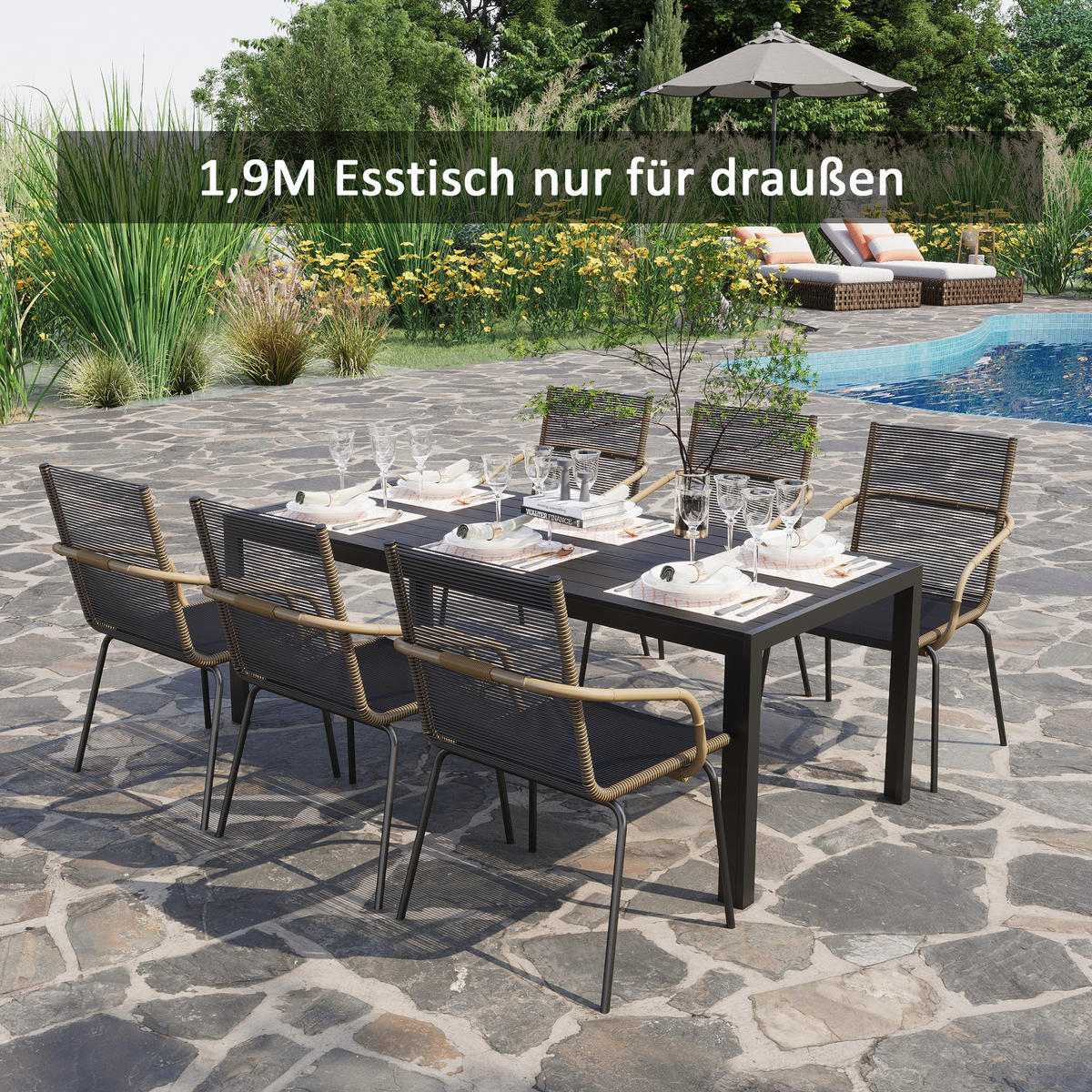 GARTENTISCH, Garten Esstisch, Terrassentisch, Partytisch, aus Alu, Polyholz, Schwarz - Schwarz, Holz/Metall (190/84.5/72cm) - Outsunny