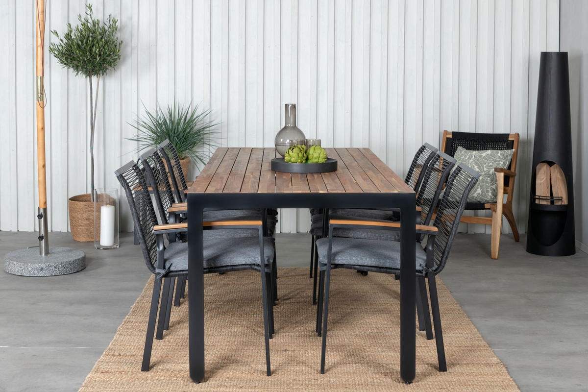 GARTENTISCHGRUPPE, Bois, Tisch Schwarz, Stühle Natur, Metall, 90 x 205 x 76 cm, 7-teilig - Schwarz, Metall - ebuy24