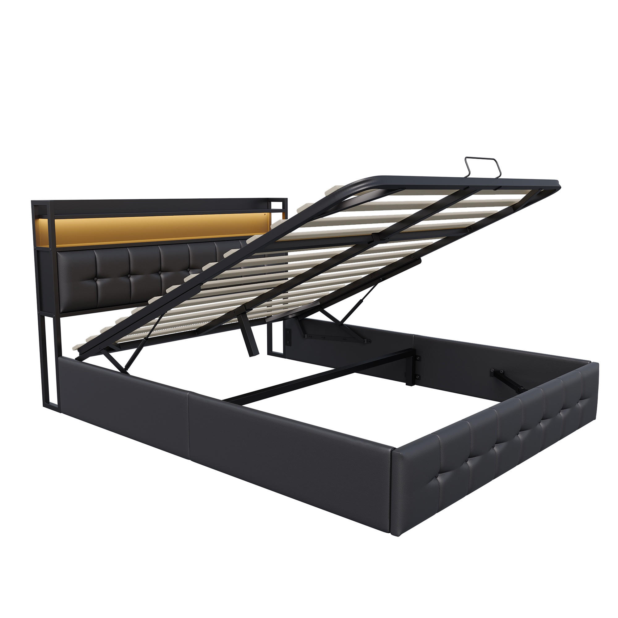 POLSTERBETT 140x200 cm Smart-Lift Elite mit Hydraulik-Stauraum, RGB-LED & Ladestation, Kunstleder, Schwarz - Schwarz, Textil (140/200cm) - DELFA