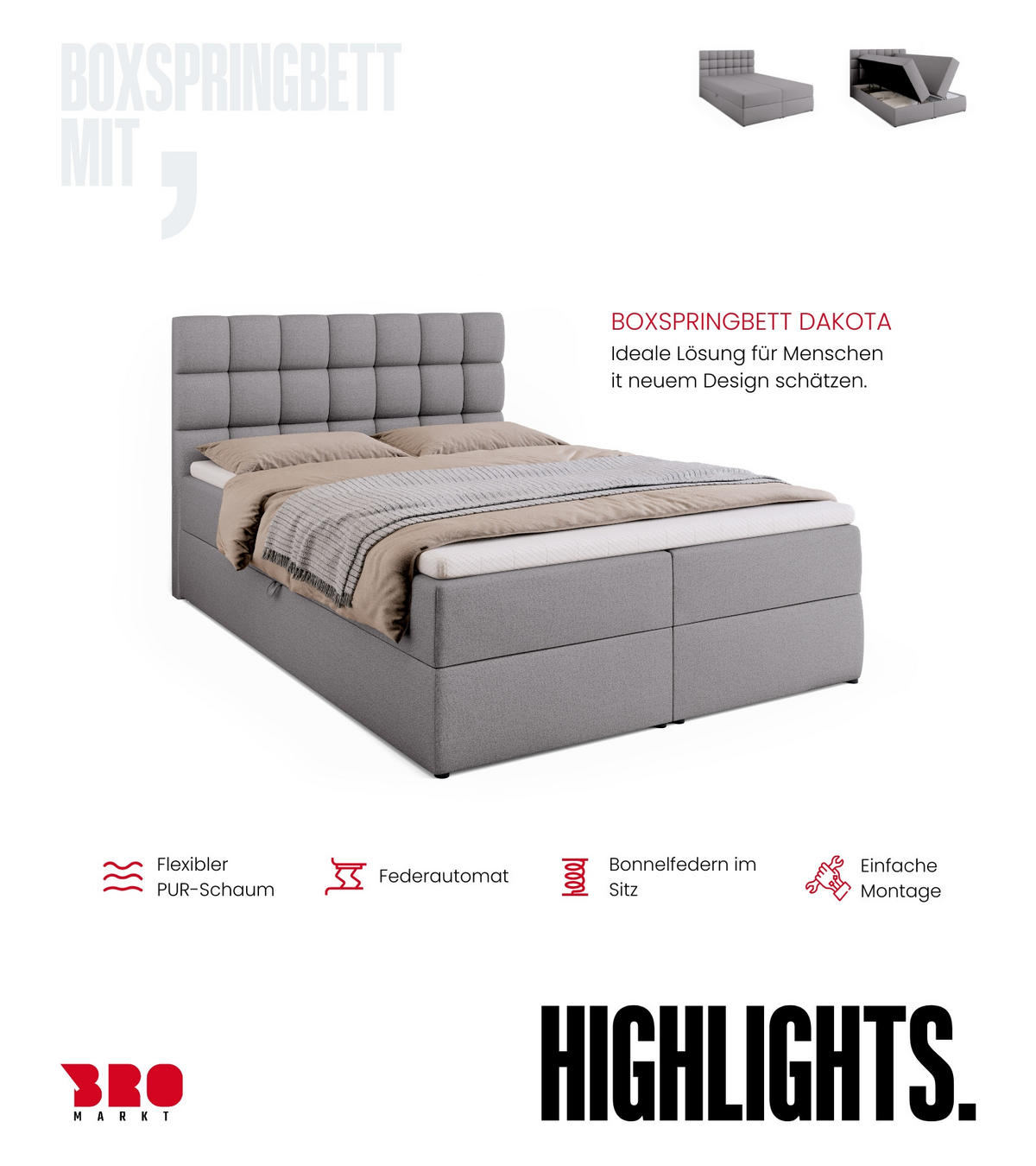 BOXBETT Dakota mit Topper 140/200 Grau - Grau, Textil (140/200cm) - Bromarkt