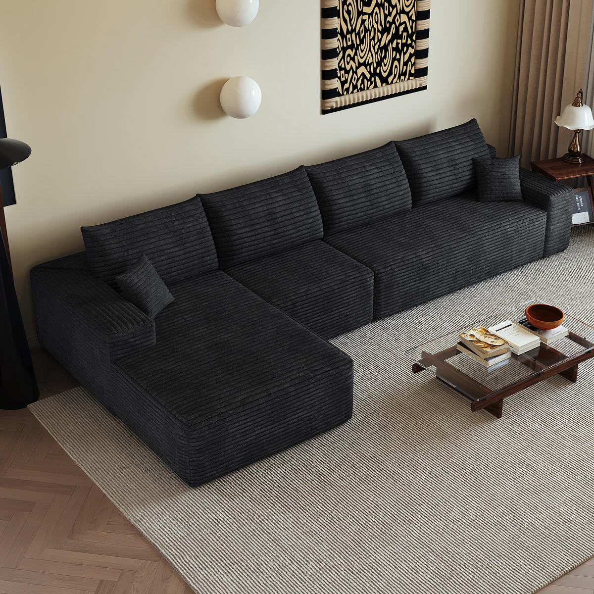 ECKSOFA 340/175/83 cm Schwarz mit L-förmiger Chaiselongue, Linke Seite - Schwarz, Textil (340/175cm) - Oxeza