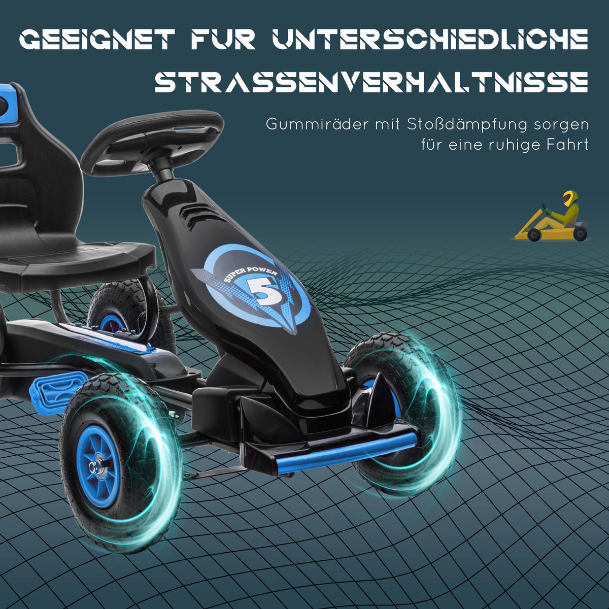 KINDER GO KART TRETAUTO, Blau+Schwarz/Grün+Schwarz/Rot+Schwarz, Metall - Blau, Metall (121/58/61cm) - HOMCOM