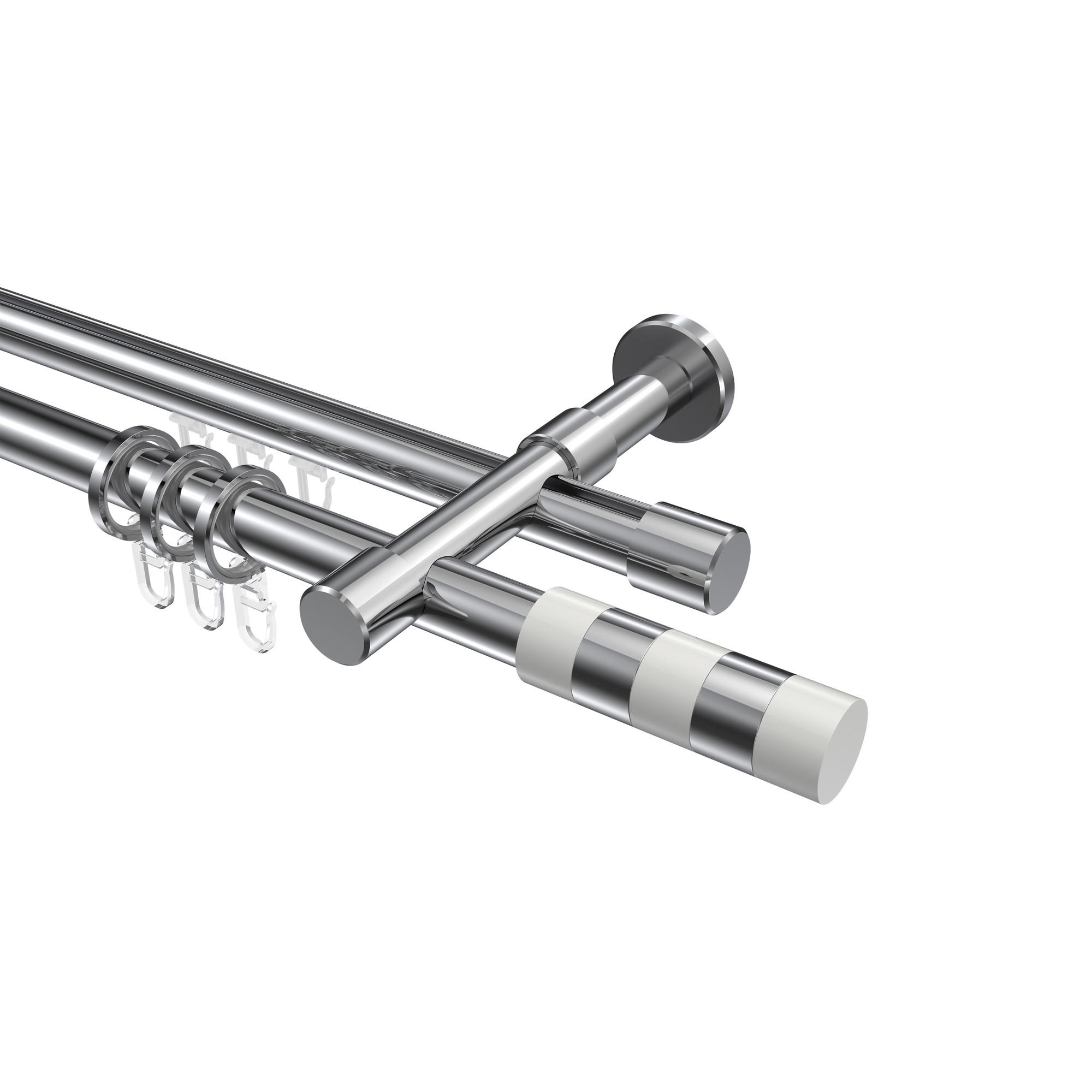 RUNDROHR-INNENLAUF-GARDINENSTANGEN-SET Prestige Mavell 240 cm (geteilt in 2 x 120 cm), 2-läufig, 20 mm Ø Chrom - Chromfarben/Weiß, Metall (240cm) - INTERDECO