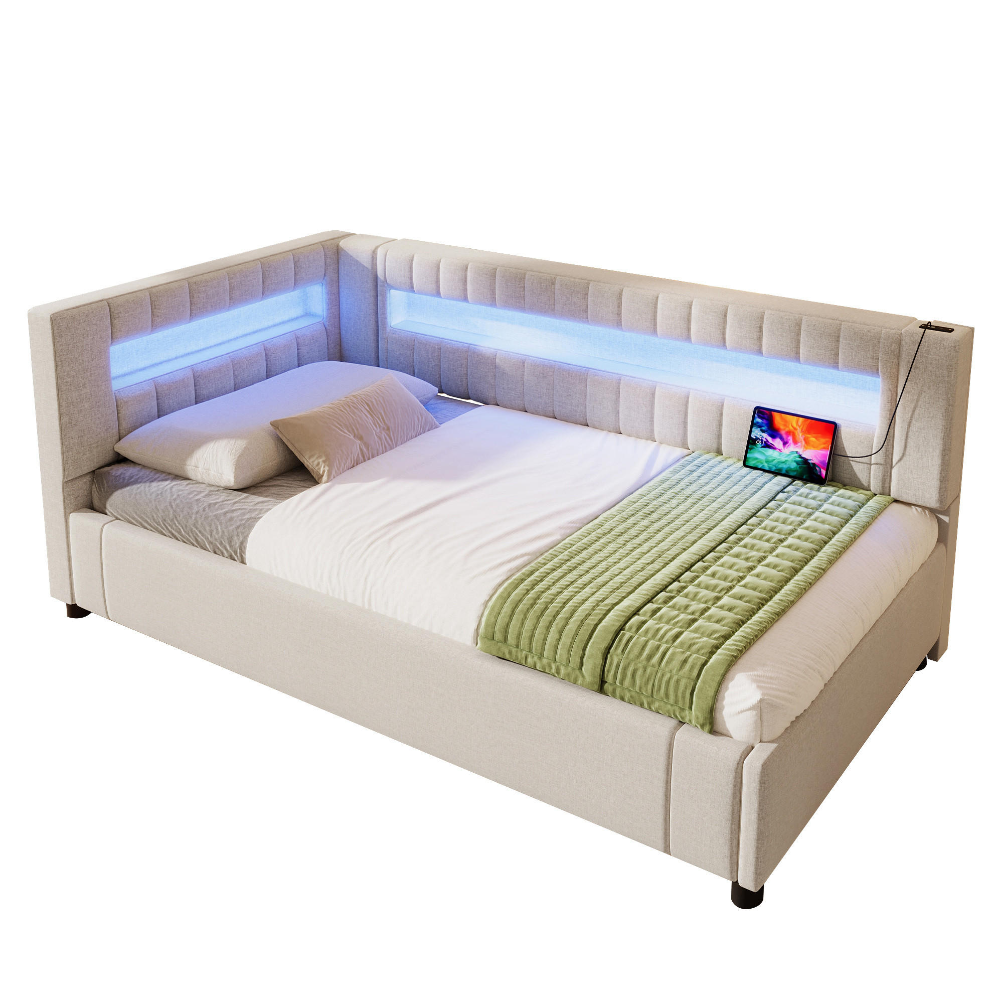 POLSTERBETT 90/200 cm Beige aus Leinen mit LED-Lichtleiste und Stauraum - Beige, Textil (90/200cm) - OKMYHOME