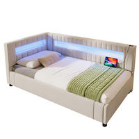 POLSTERBETT 90/200 cm Beige aus Leinen mit LED-Lichtleiste und Stauraum - Beige, Textil (90/200cm) - OKMYHOME