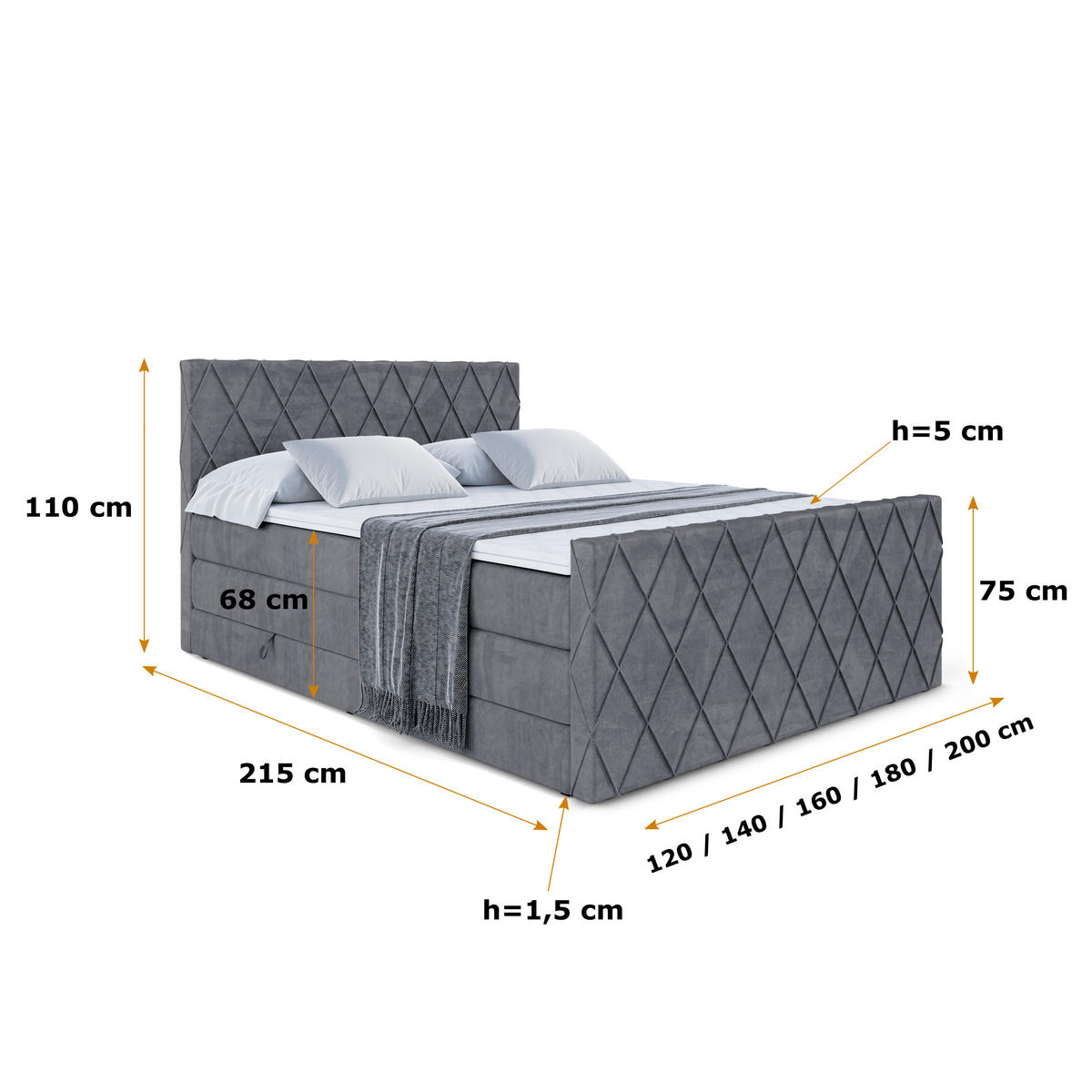 BOXSPRINGBETT LEPARO-Z KING - 160 x 200 - H3/H4 - Dunkelgrau - Dunkelgrau, Holzwerkstoff (160/200cm) - ALTDECOR