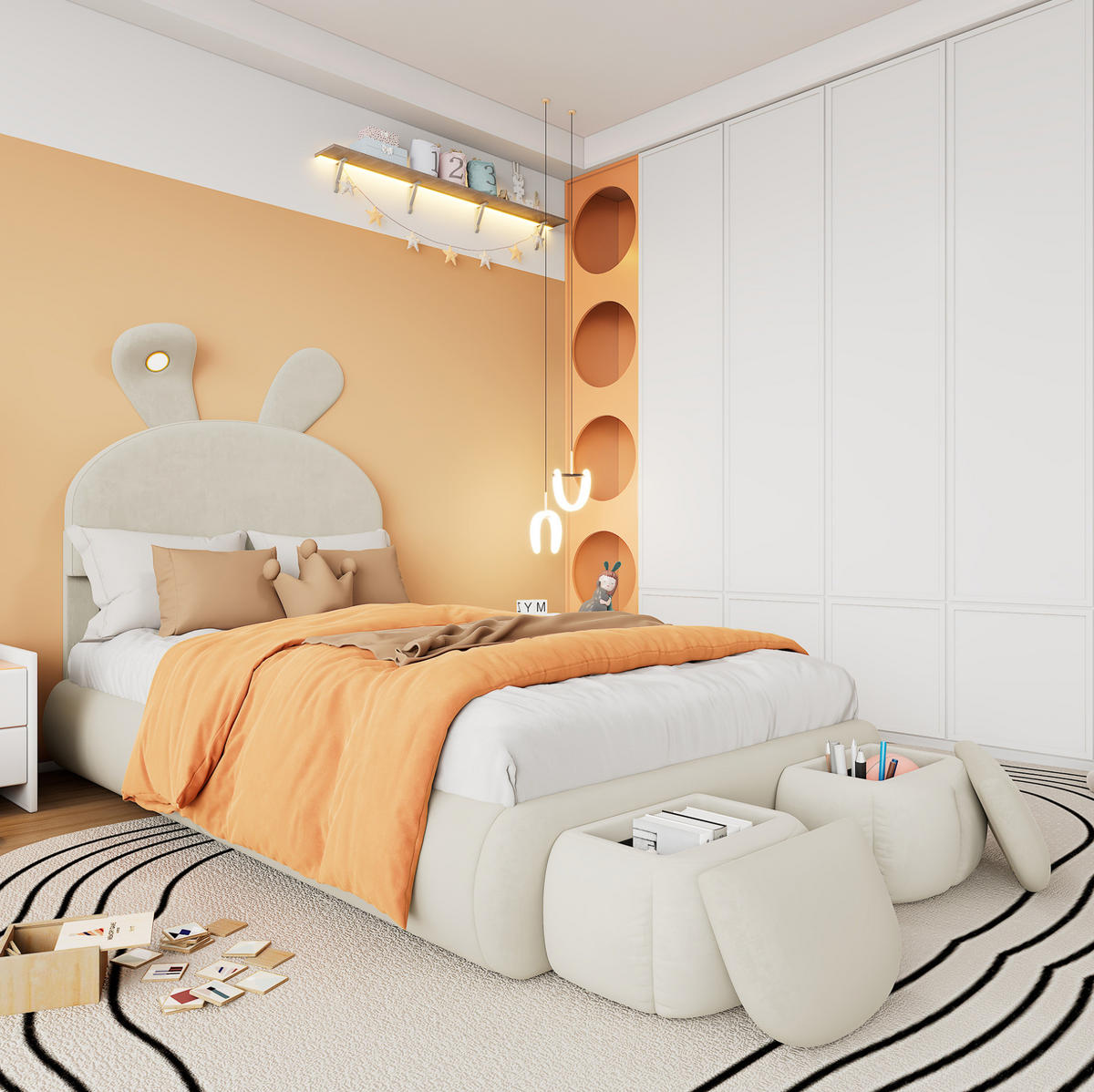 POLSTERBETT 90/200 cm mit LED-Beleuchtung, 2 Aufbewahrungshockern und verstellbarem Kopfteil aus Samt, Beige - Beige, Textil (90/200cm) - Redom