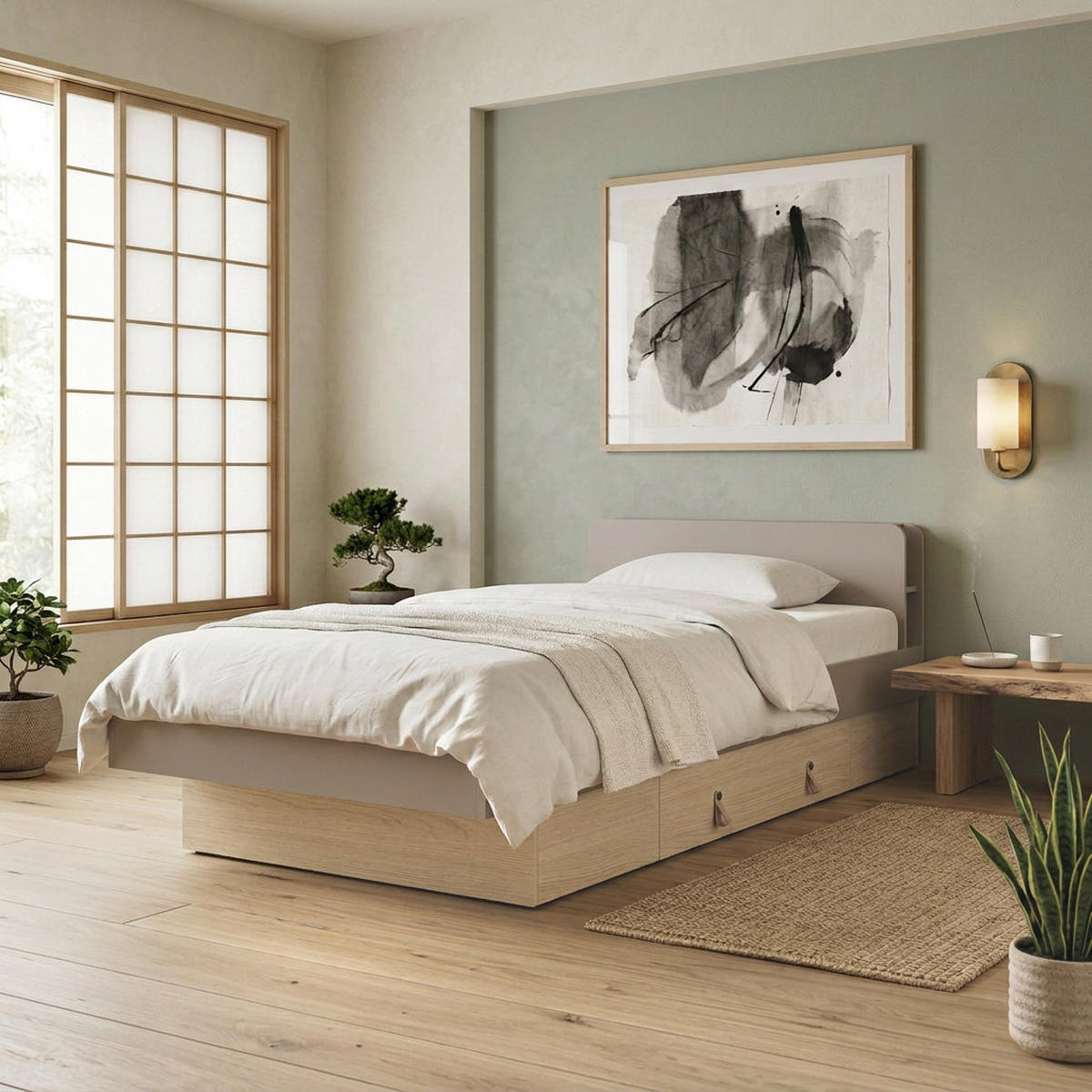 BETT Sorella 90x200 cm mit Lattenrost und Bettkasten-Schublade, ohne Matratze, Porcini + Eiche Mavelie - Eichefarben/Cappuccino, Leder/Holzwerkstoff (90/200cm) - Beautysofa