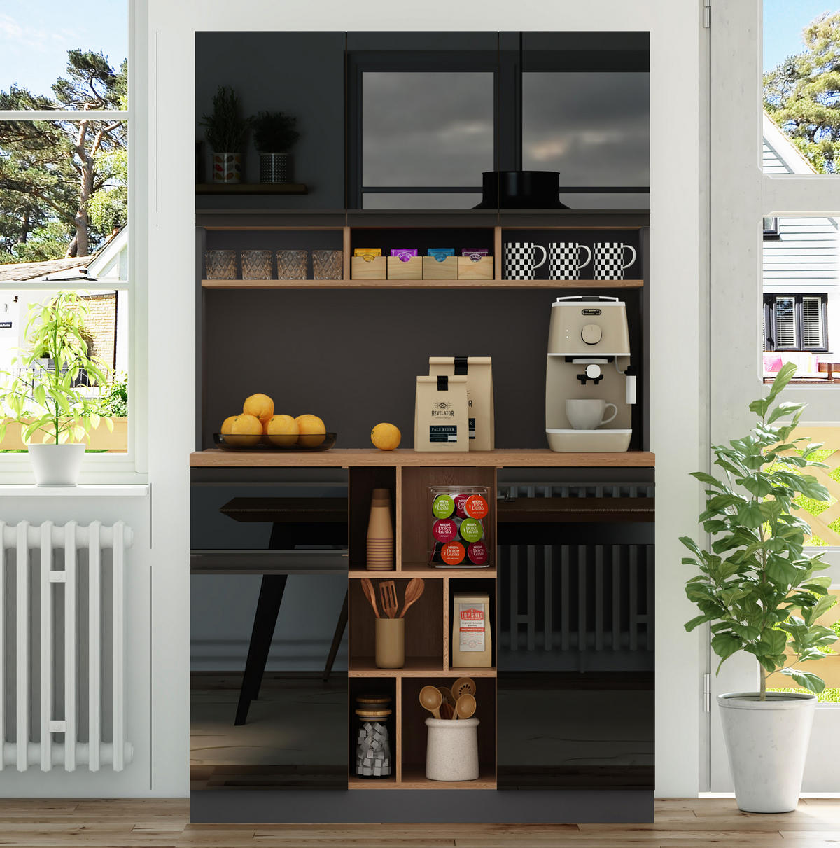 BUFFET 105/45/185 cm schwarz/natur aus MDF mit Stauraum - Schwarz, Holzwerkstoff (105/185/45cm) - OKWISH