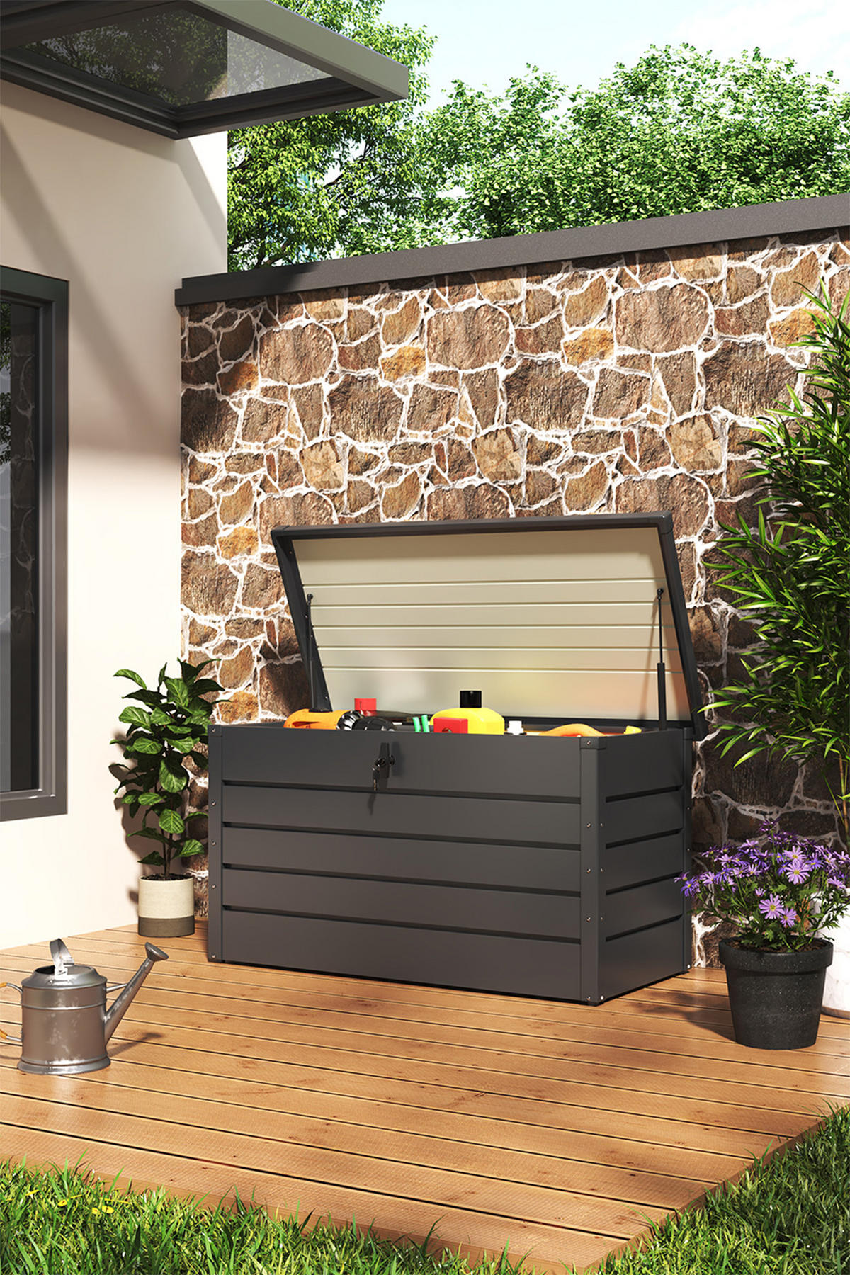 GARTENBOX Kissenbox Auflagenbox 350L aus Metall in Grau in AußenGarten abschließbar 120 x 61 x 63 cm 22 kg - Grau, Metall (120/63/61cm) - Livingandhome