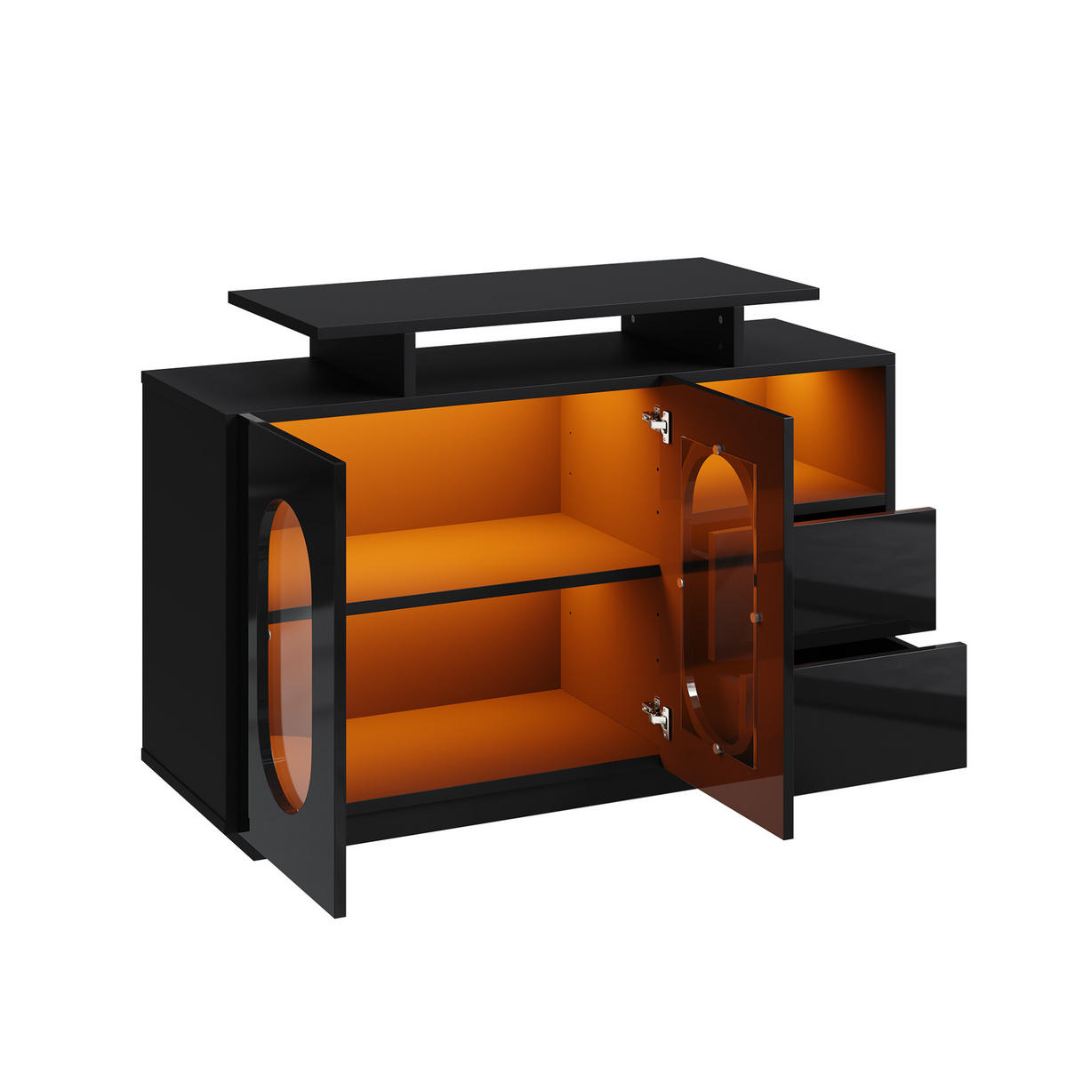 SIDEBOARD 120/40/80 cm mit LED-Beleuchtung, Glastüren und verstellbaren Einlegeböden, Schwarz - Schwarz, Holzwerkstoff (120/80/40cm) - Redom