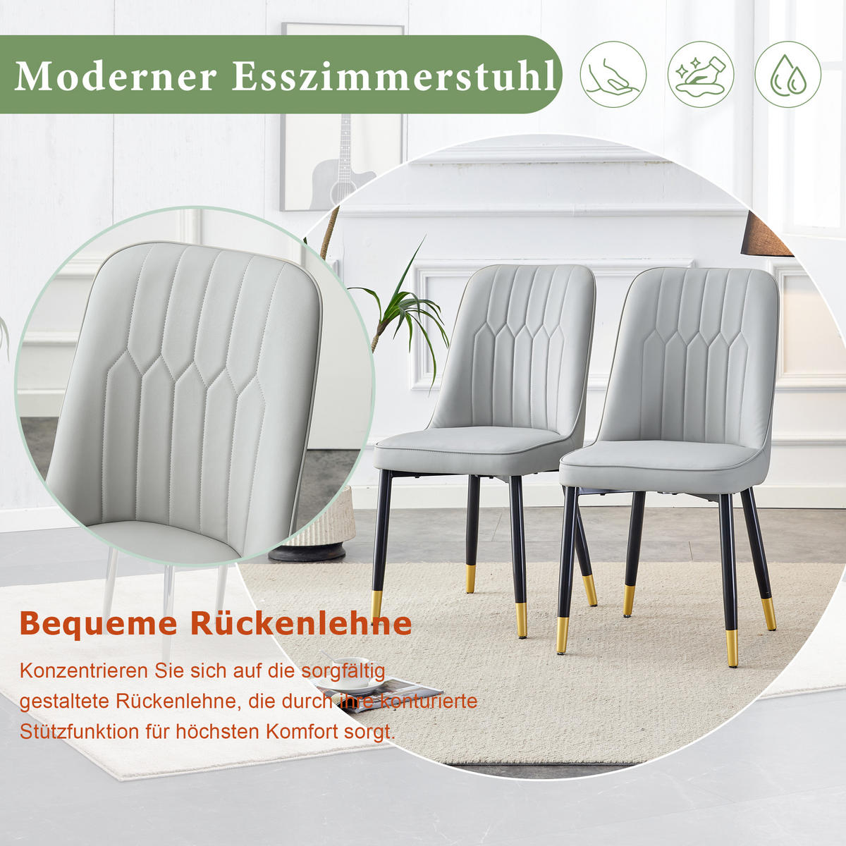 STUHL-SET DE-36511 2 Stück mit PU-Bezug und Metallbeinen Hellgrau - Hellgrau, Metall (41.5/89/43cm) - ComfortXL