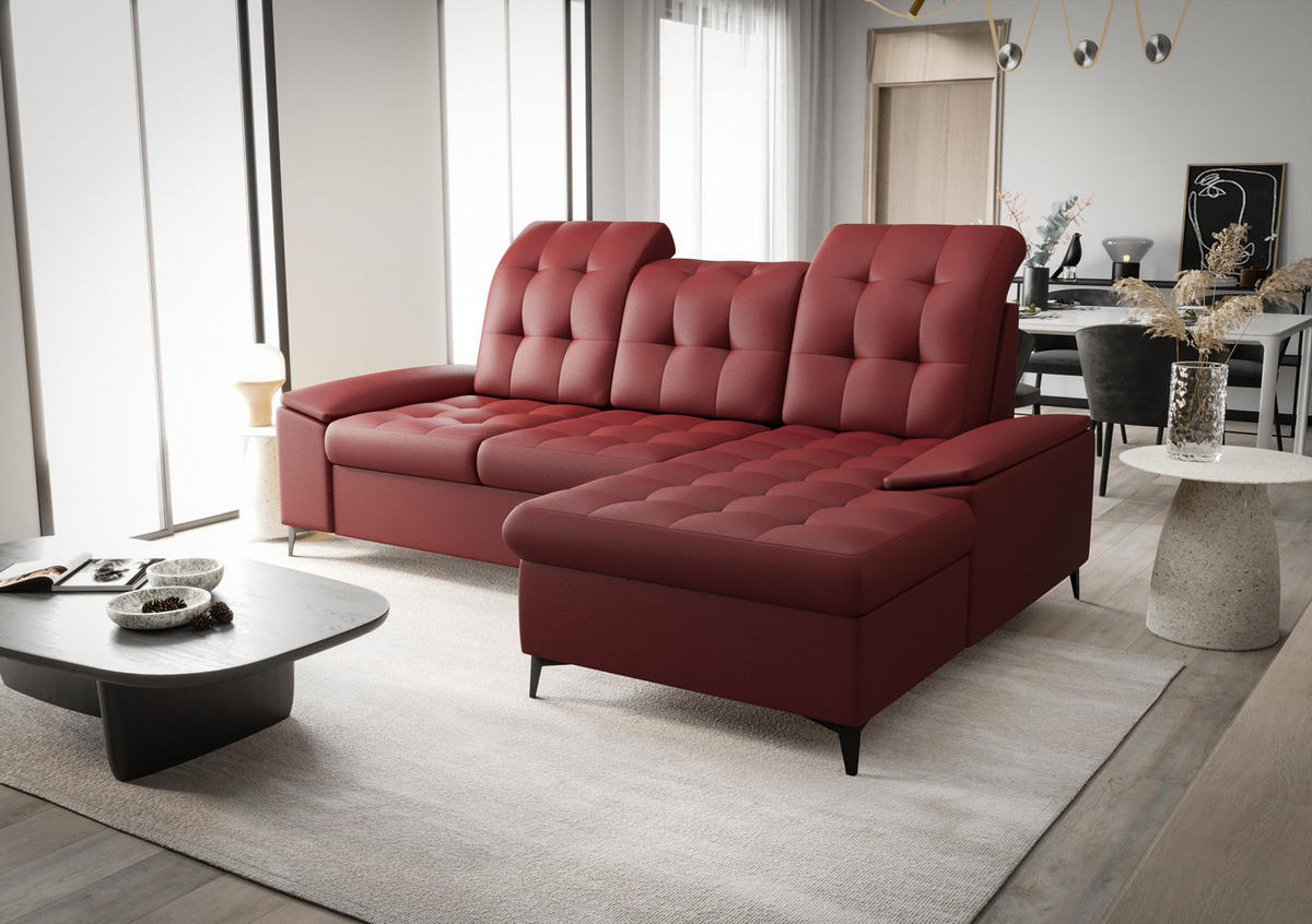 ECKSOFA KONGO RBN18, Eckcouch in L-Form mit Schlaffunktion, Farbe: Rot, Kunstleder, Ottomane Rechts - Rot, Textil (257/172cm) - O-Sofa