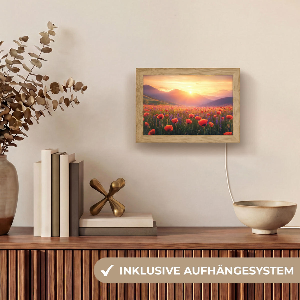 TISCHLEUCHTE Landschaft - Sonnenuntergang - Blumenfeld 20x15 cm - Dunkelblau, Holzwerkstoff (8/20/15cm) - OnlyWow