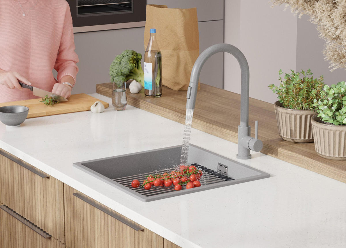 GRANITSPÜLE Praga Slim, 2-er set Grau 46/47 cm 1 Becken + Küchenarmatur 40/20 cm + Ablauf-Set + Aufrollbare Abtropffläche ab 50er Unterschrank - Chromfarben/Grau, Kunststoff (46/20/47cm) - Primagran