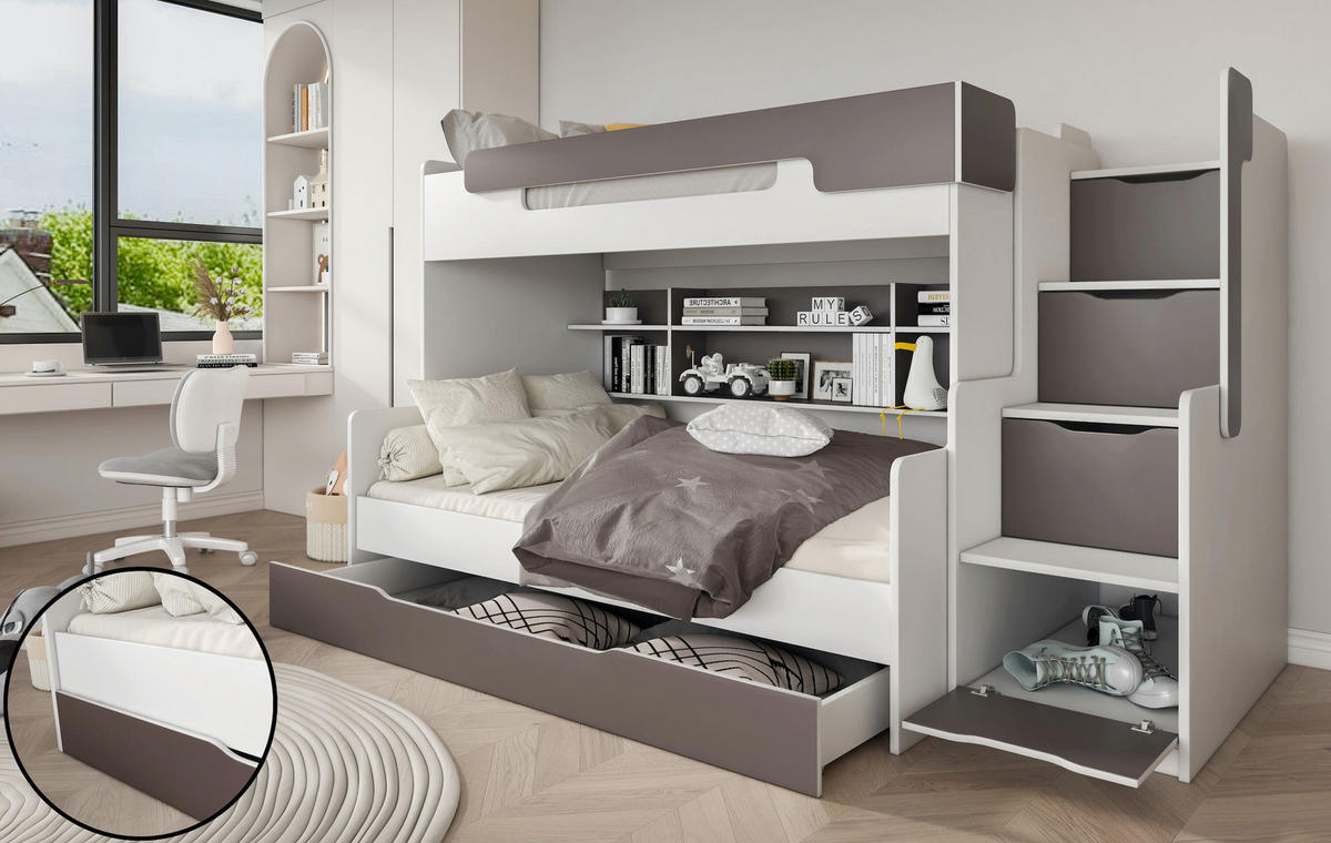 ETAGENBETT HARRY 260x129 cm – Stockbett für 2 Personen mit Treppe, Stauraum und 2 Matratzen - Dunkelgrau, Holz (120/200cm) - Wohnideebilder