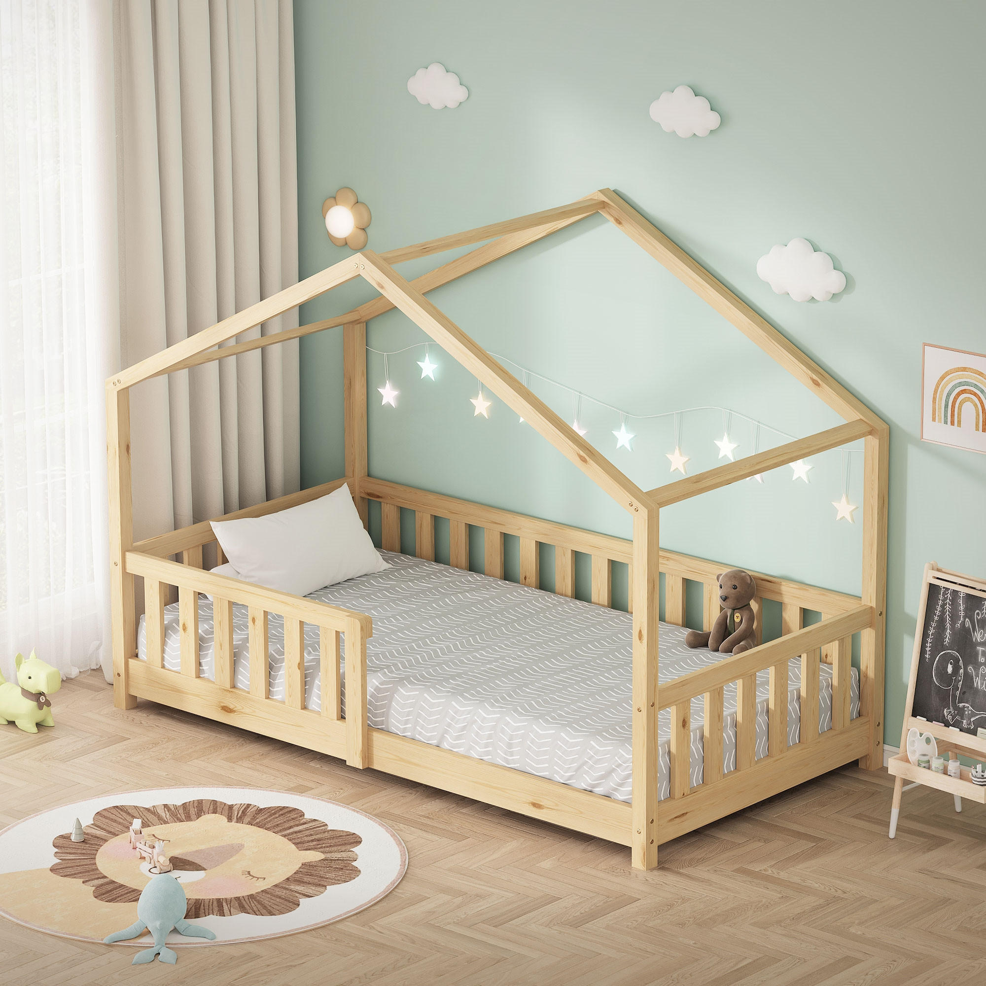 HAUSBETT 80x160 cm Natur aus Kiefernholz mit Rausfallschutz - Beige, Holz (80/160cm) - ML-DESIGN