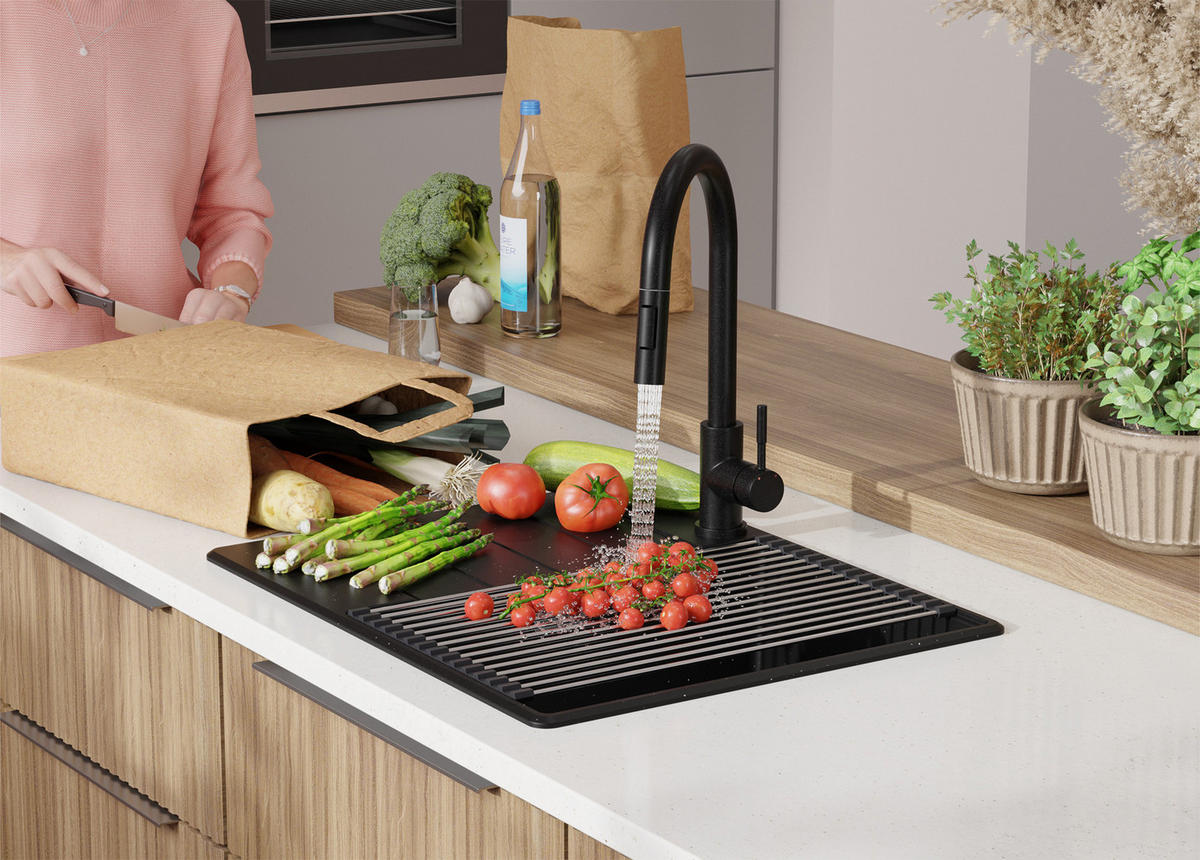 SPÜLBECKEN Kopenhagen, 2-er set Schwarz Metallic 62/50 cm 1 Becken + Ablauf-Set + Schneidebrett ab 45er Unterschrank - Chromfarben/Schwarz Hochglanz, Kunststoff (62/20/50cm) - Primagran