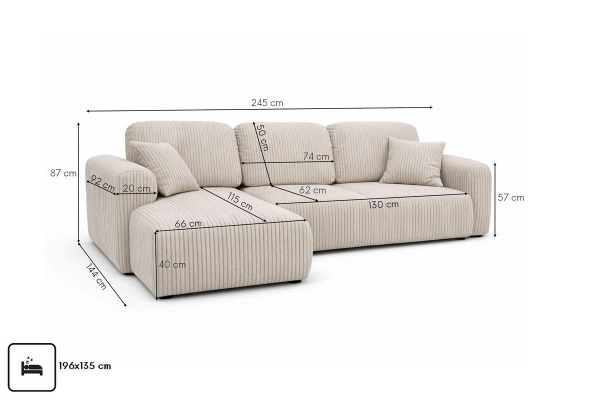ECKSOFA Mit Schlaffunktion Und Bettkasten, Sofa L-Form Bingo L, Chenille-Stoff Artico, Beige, Links - Beige, Holz (245/144cm) - Kaiser Möbel