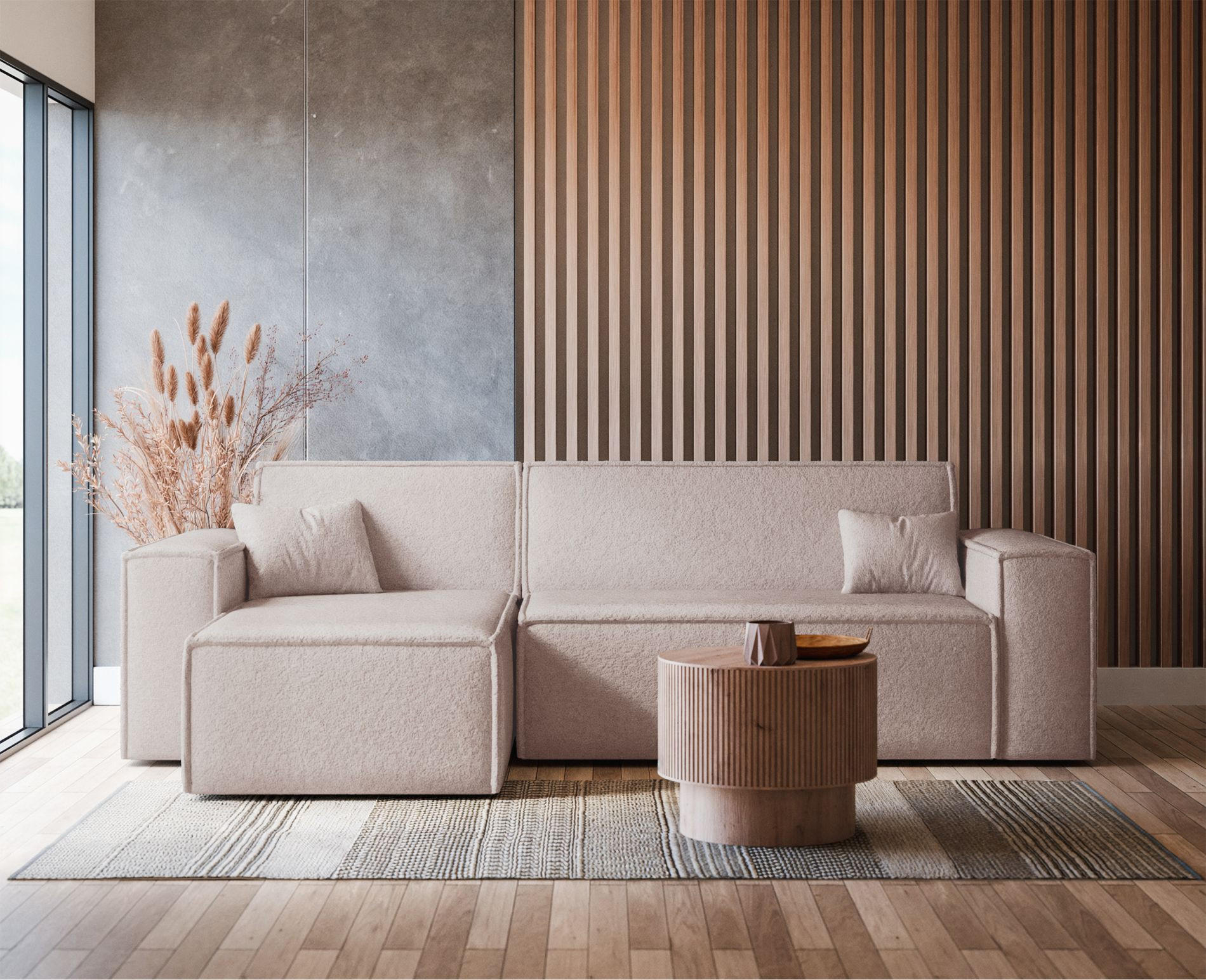 ECKSOFA Scarlo Hellbeige Bouclé-Bezug - Ecru/Schwarz, Kunststoff/Textil (244/145cm) - Selsey