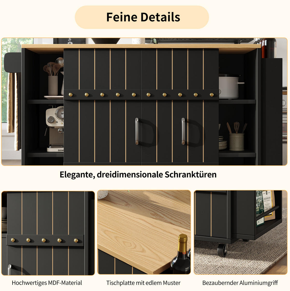 KÜCHENINSEL 110/42/90 cm aus MDF mit klappbarer Tischplatte und Schiebetüren Schwarz - Schwarz, Holzwerkstoff (110/90/42cm) - Modenvie