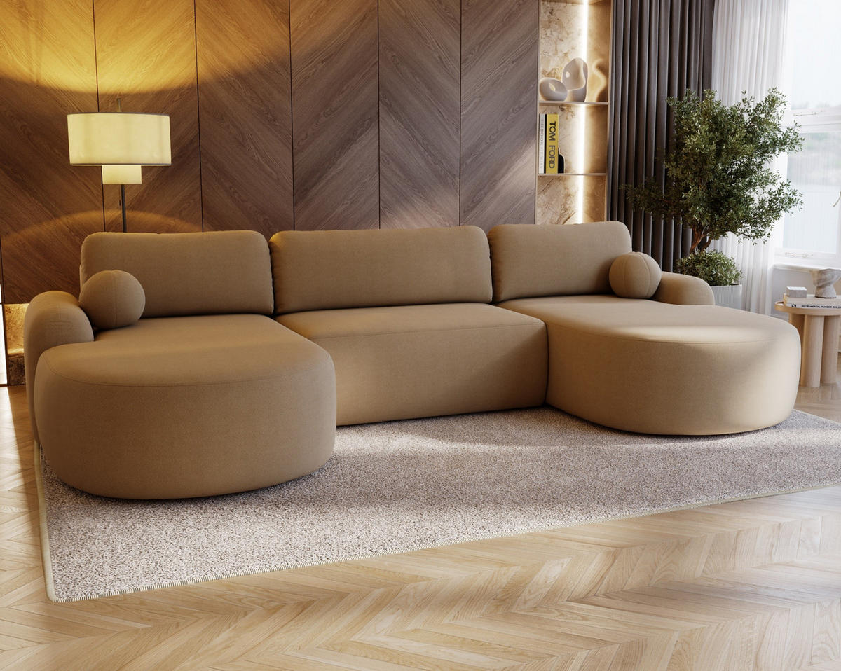 WOHNLANDSCHAFT Cloudy Beige, mit abgerundeten Seiten und Kissen - Beige, Holzwerkstoff (377/92/177cm) - Bettso