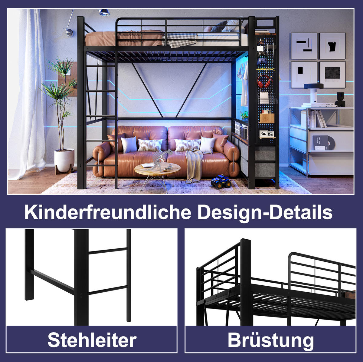 HOCHBETT 90/200 cm aus Metall mit LED-Leiste, USB-Typ-C und 4 Schubladen Schwarz - Schwarz, Metall (90/200cm) - Modenvie