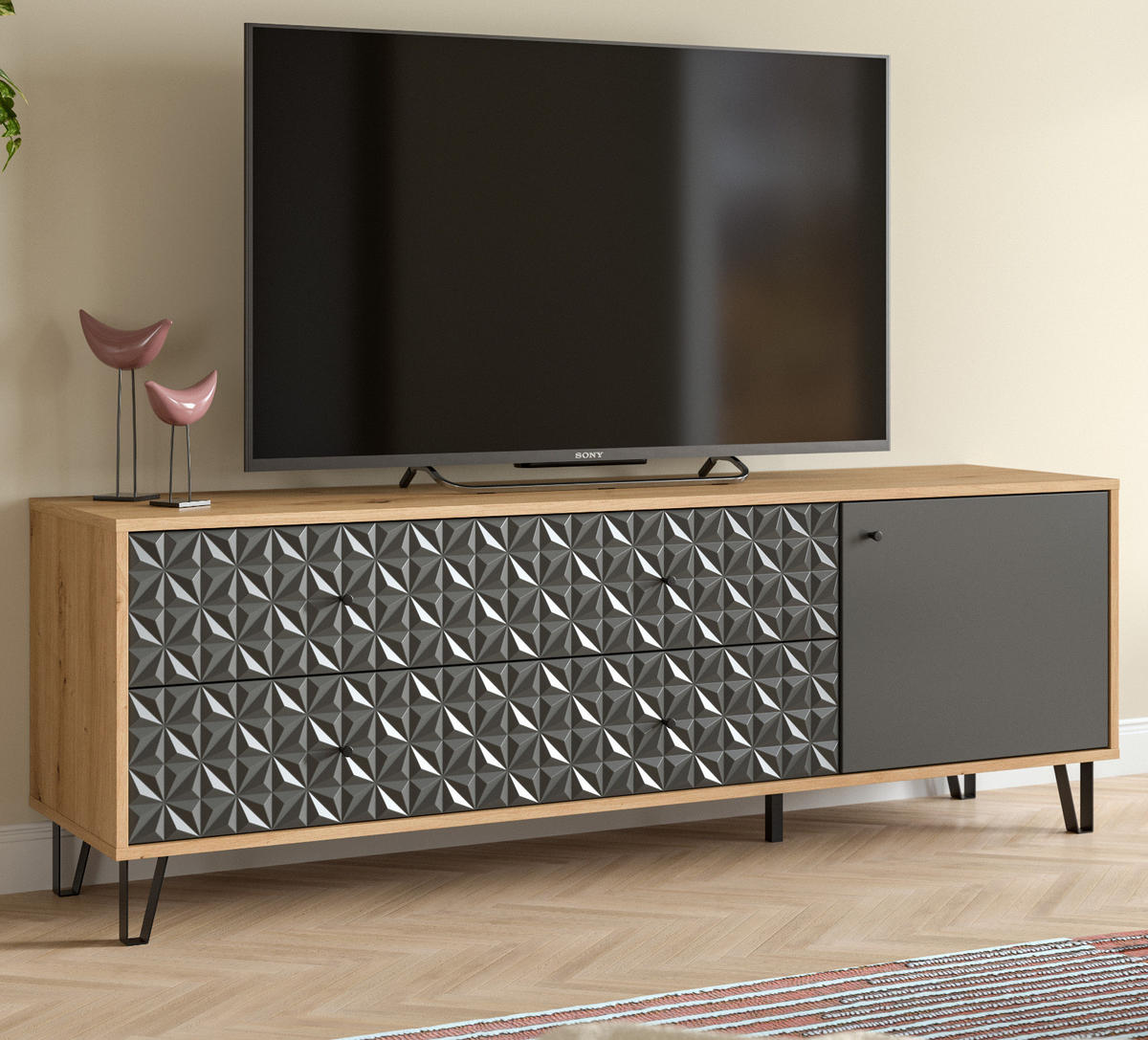TV-LOWBOARD grau, Eiche Artisan 164 x 56 cm, TV Unterteil mit 3D-Struktur - Schwarz/Eiche Artisan, Holzwerkstoff/Kunststoff (164/56/40cm) - Inn.Furn