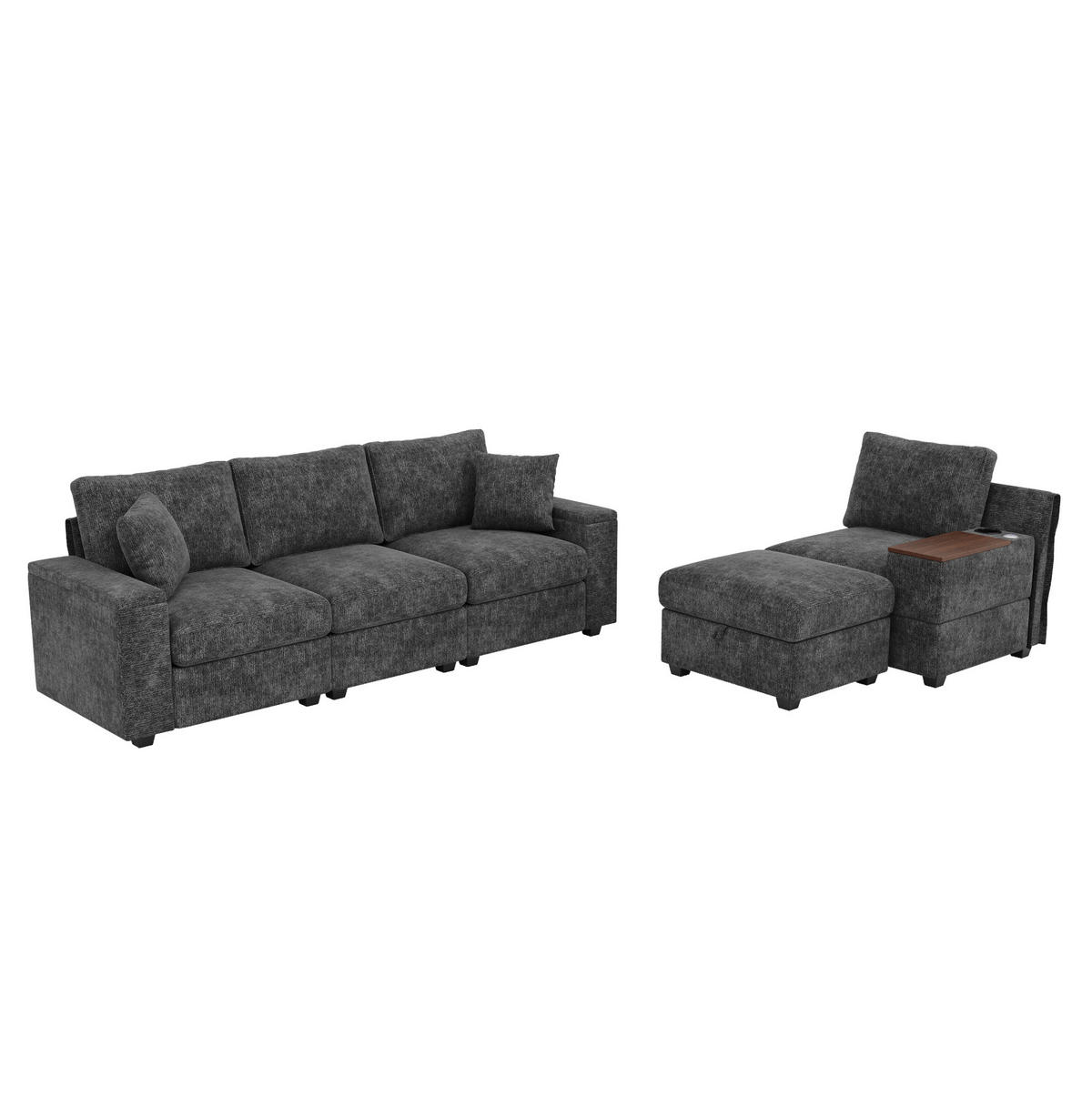 ECKSOFA 313/147/82 cm aus Chenille mit Stauraum, USB/Typ-C und drehbarem Couchtisch Grau - Grau, Textil (147/313cm) - Modenvie