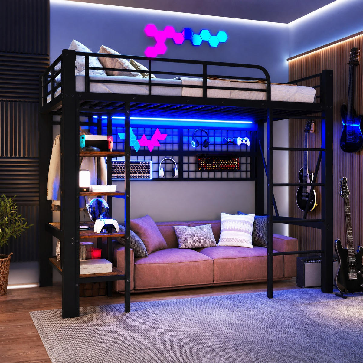 HOCHBETT 90/200 mit LED Ablagefach Kleiderstange und Hängegitter in Schwarz - Schwarz, Holzwerkstoff/Metall (90/200cm) - EVRYAE