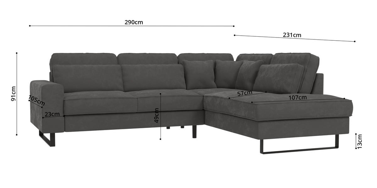 ECKSOFA Zuri Grau Samt - Schwarz/Grau, Holz/Kunststoff (290/231cm) - S-Style Möbel